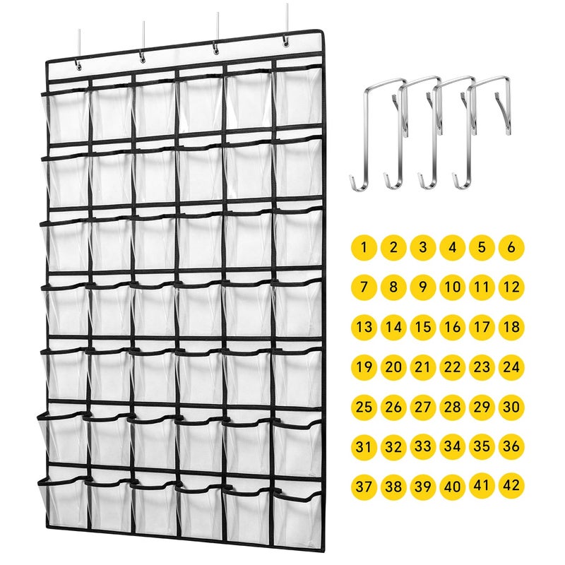 ANSTROUT 42 Clear Pockets Classroom Pocket Chart for Cell Phones and Calculator  Pocket Chart Organizer for Classroom Phone Storage Holder with 42 Number Sticker and Hooks (White) - Image 1